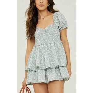 Altard State Kelley Green And White Floral Shorts Romper Size Large